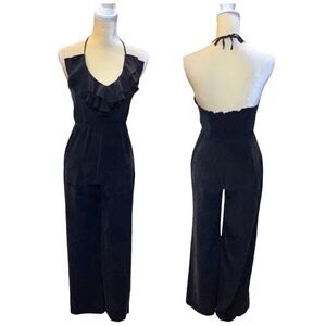 YUMI KIM Black Silk Ruffle Halter Jumpsuit Small Wide Leg Smocked Sleeveless